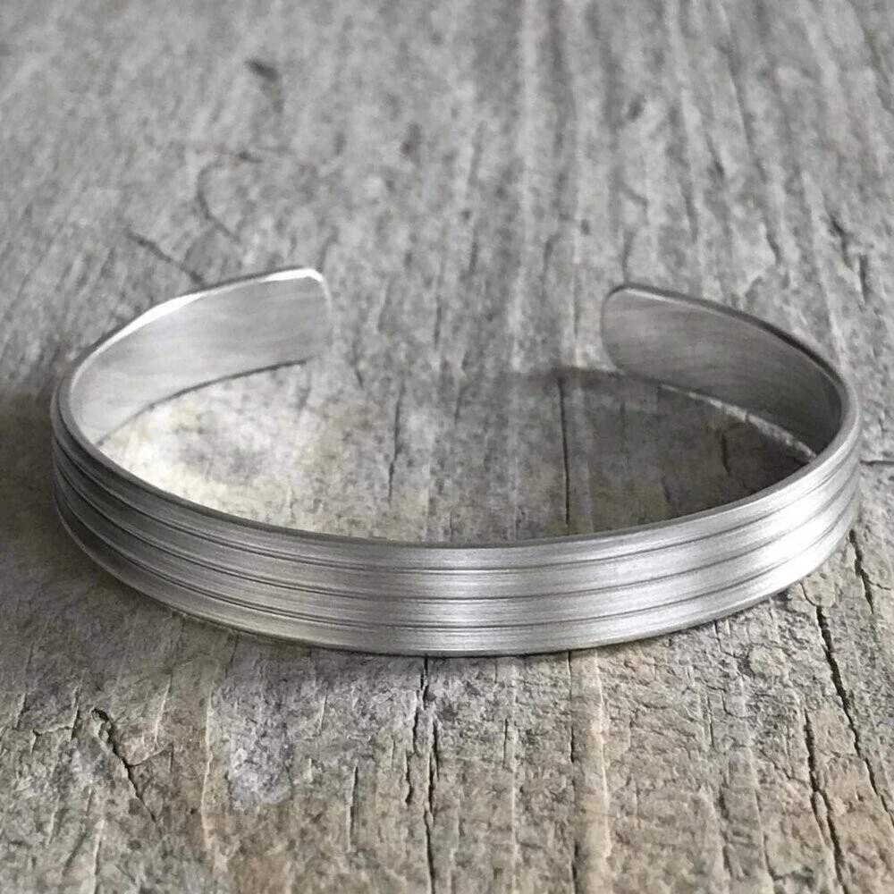 Brushed sterling silver linear pinstripe open cuff bangle bracelet